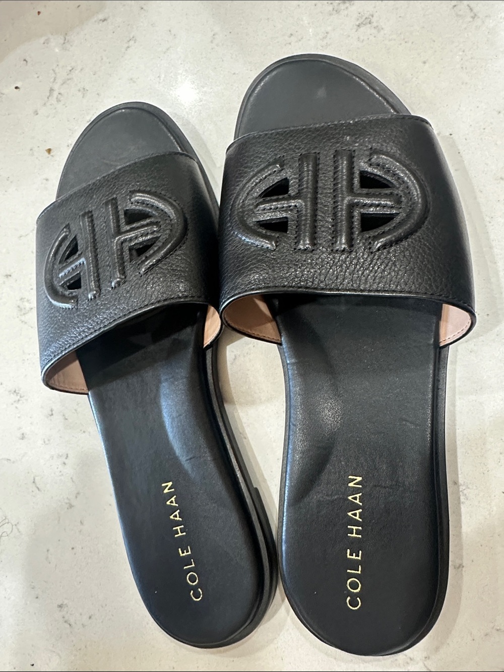 Cole Haan Black Leather Logo Slide Sandals